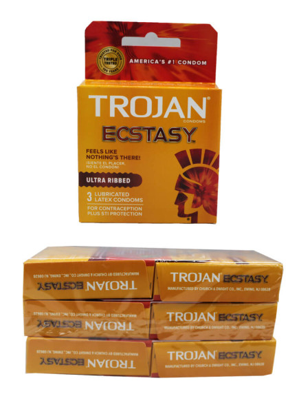 Trojan Ecstasy Lubricated Latex Condoms - Ultra Ribbed 6 pks of 3 Condoms