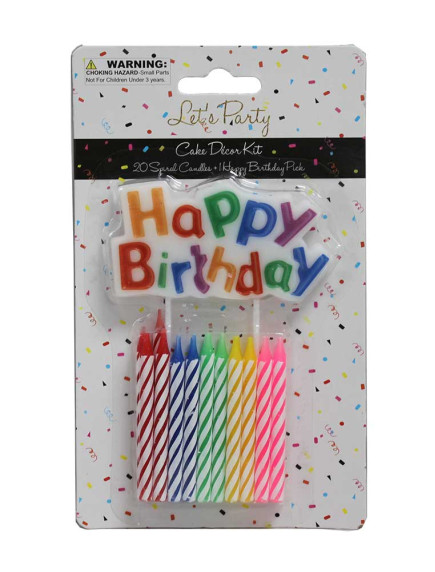 Cake Decor Kit - 20 Spiral Candles + Happy Birthday Pick