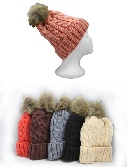 Women Winter Beanie with Puff Ball - Assorted Colors 